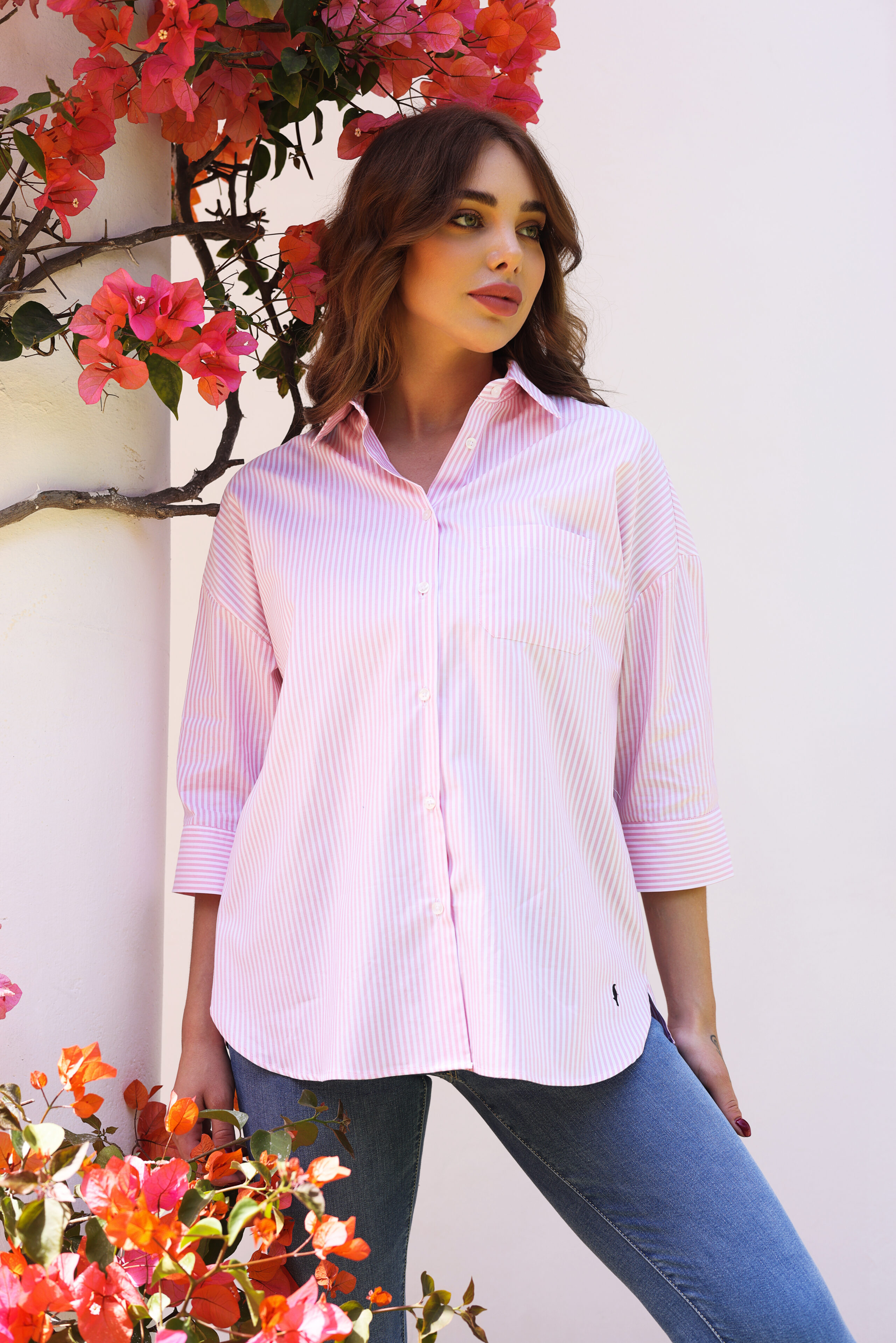 Chemise Leyla blanc rayé rose 1